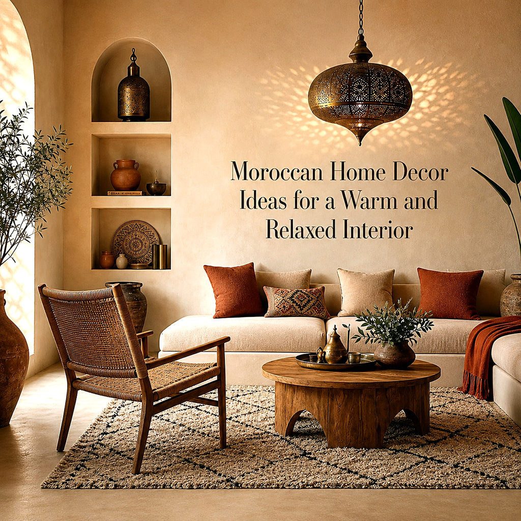Warm Moroccan living room with beige sofa, terracotta cushions, wooden coffee table and a pierced brass lantern
