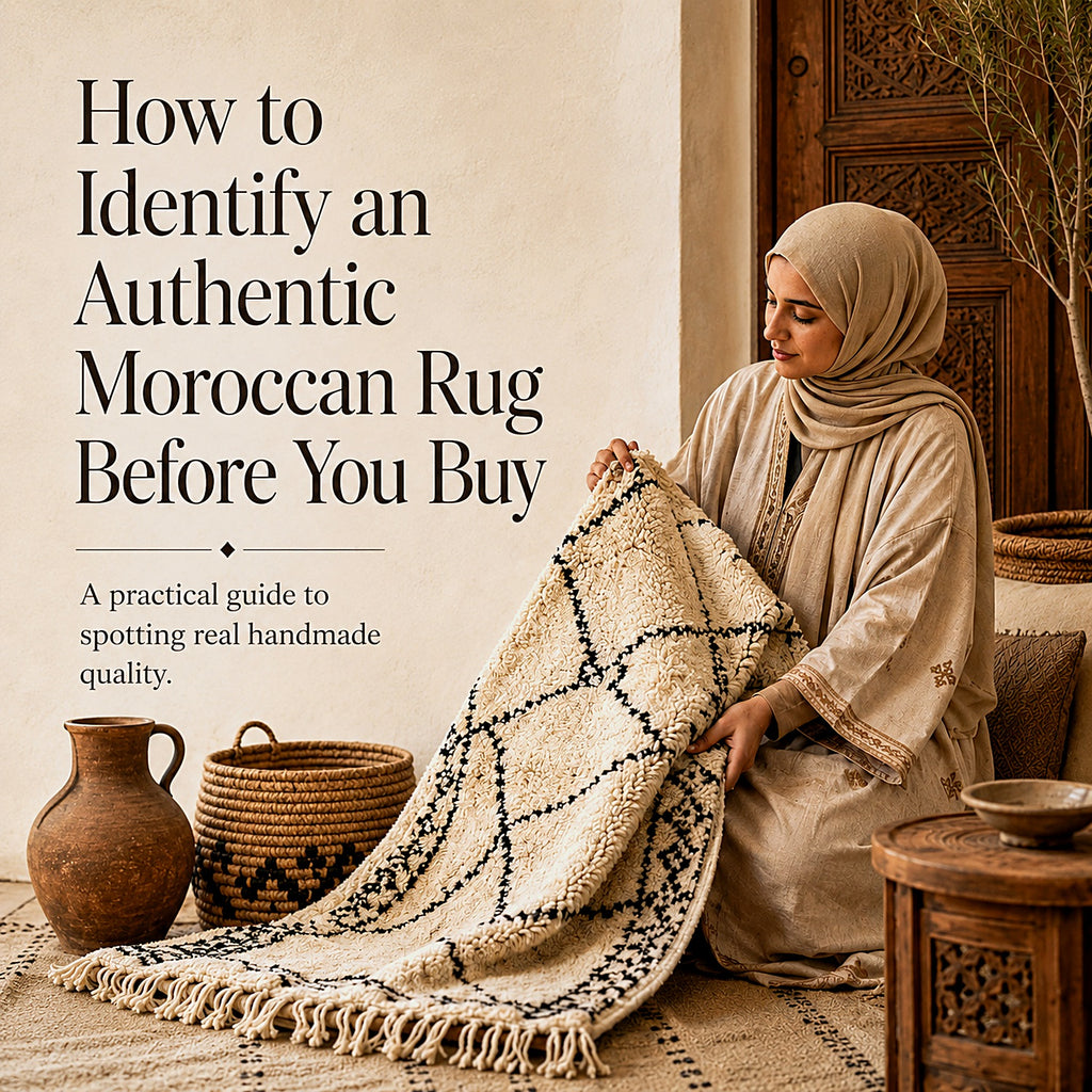 Woman inspecting a handwoven ivory Moroccan wool rug to check authenticity and knot quality