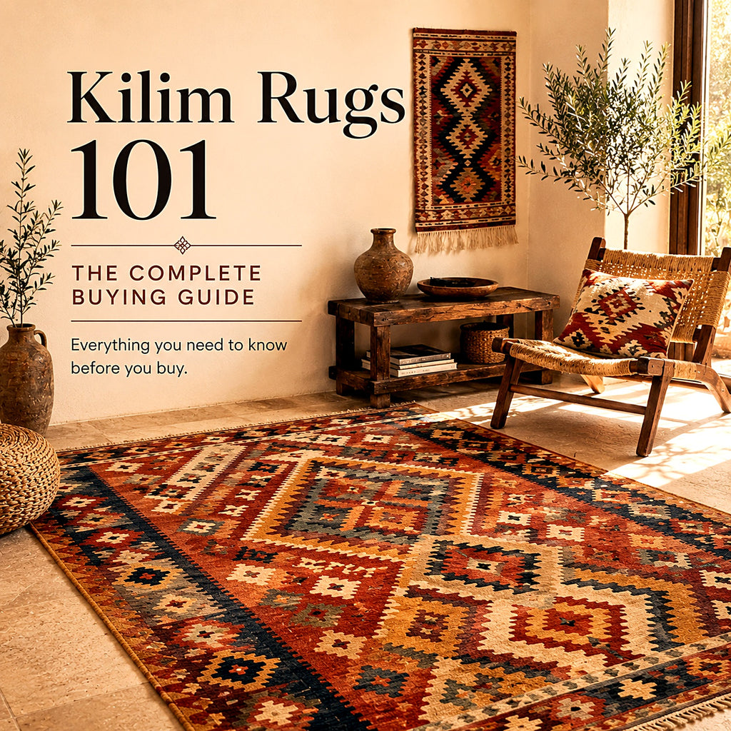 Colorful flat-woven Moroccan kilim rug with geometric patterns in a rustic living room