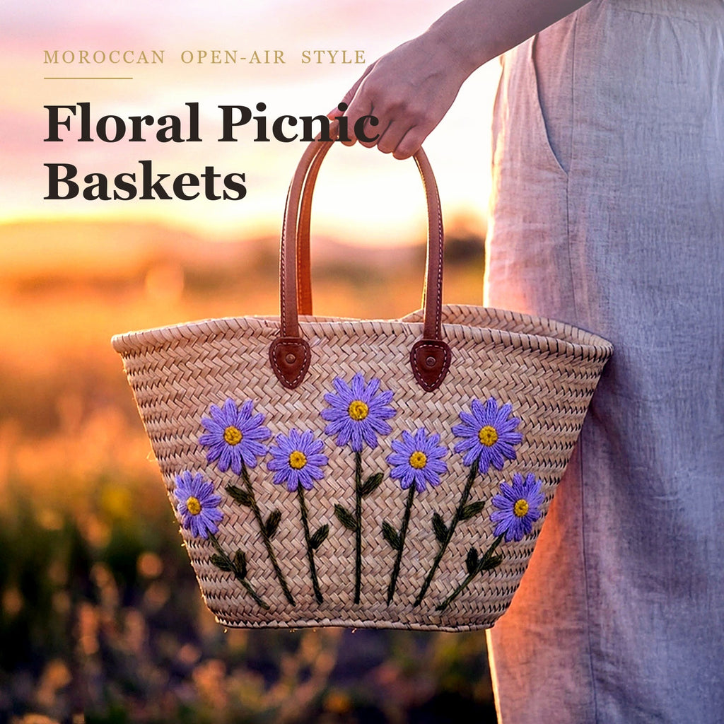 Handwoven Moroccan straw tote bag with lavender flower embroidery held in a sunlit field