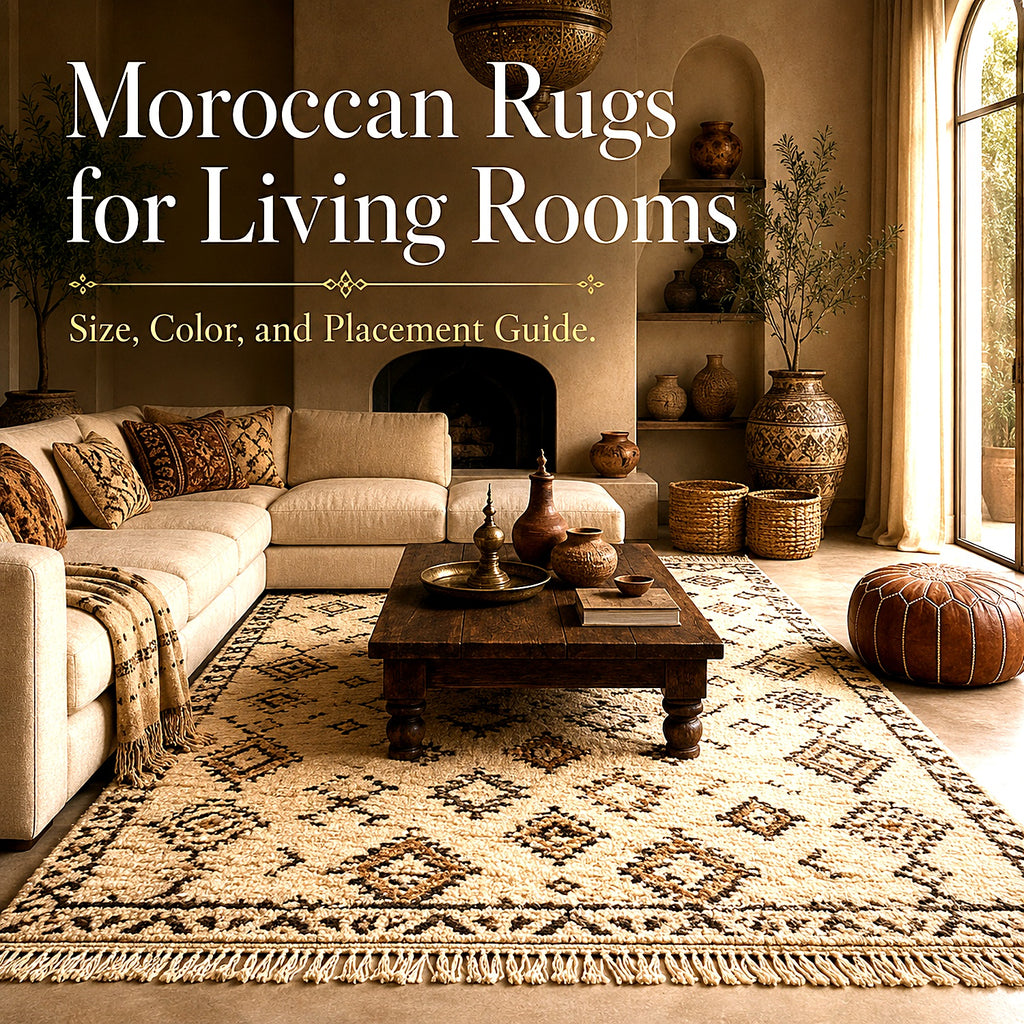 Cream Moroccan Berber area rug with diamond pattern anchoring a neutral living room with fireplace