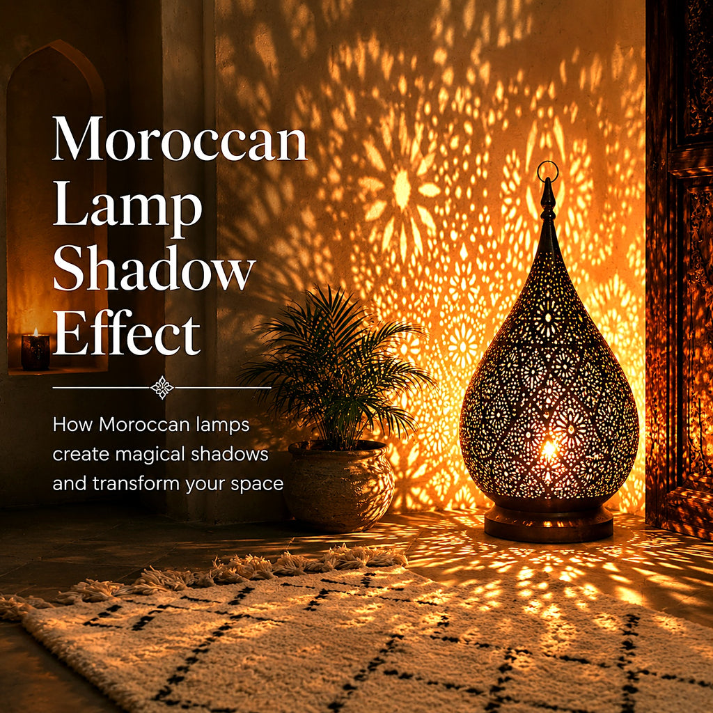 Moroccan filigree lamp glowing on the floor, projecting star-shaped shadows across the room
