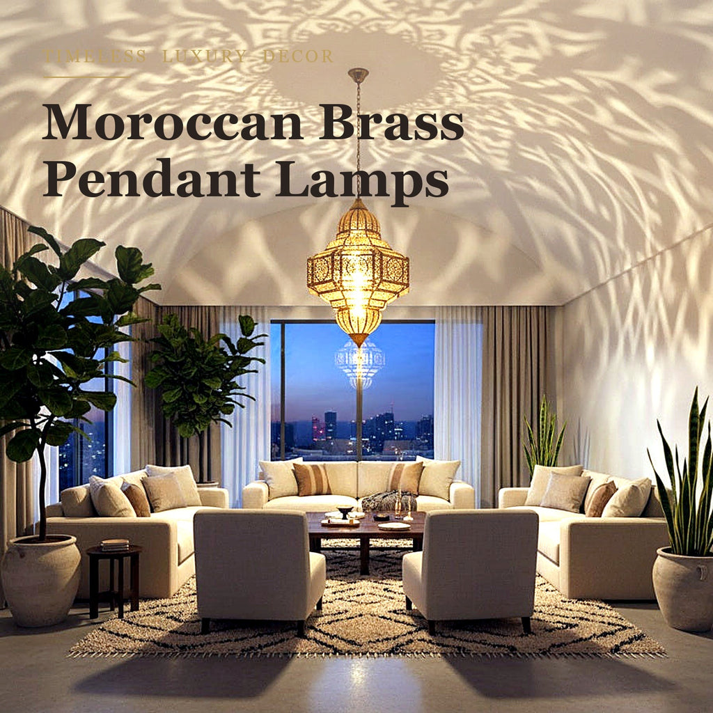 Moroccan brass pendant lamp casting patterned light over a luxury symmetric living room at night