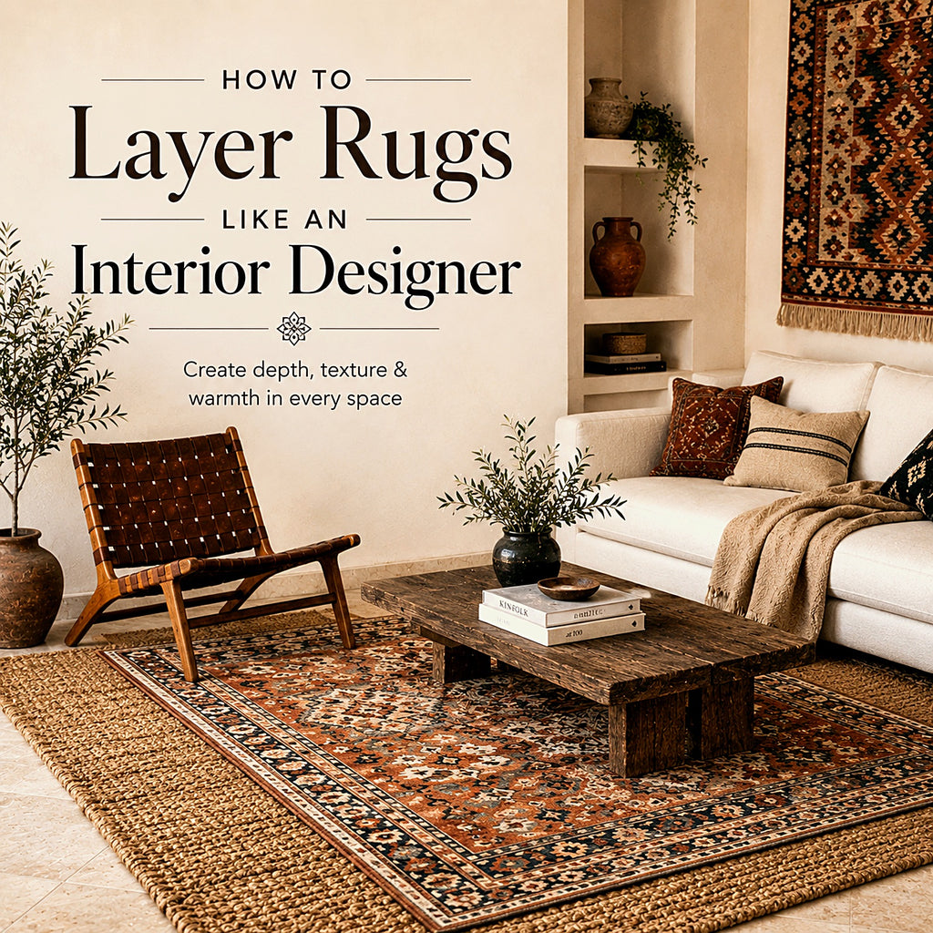 Layered Moroccan rugs over a neutral base rug adding texture in a designer living room
