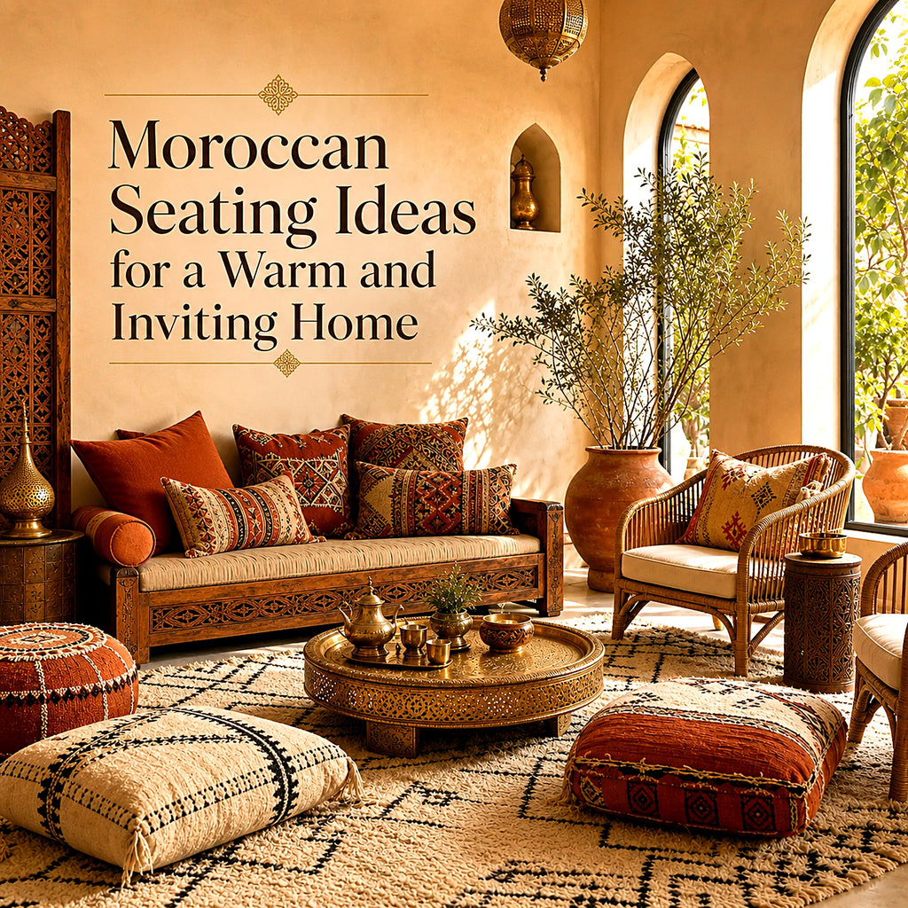 Cozy Moroccan seating area with a low sofa, patterned poufs, floor cushions and a carved wood side table