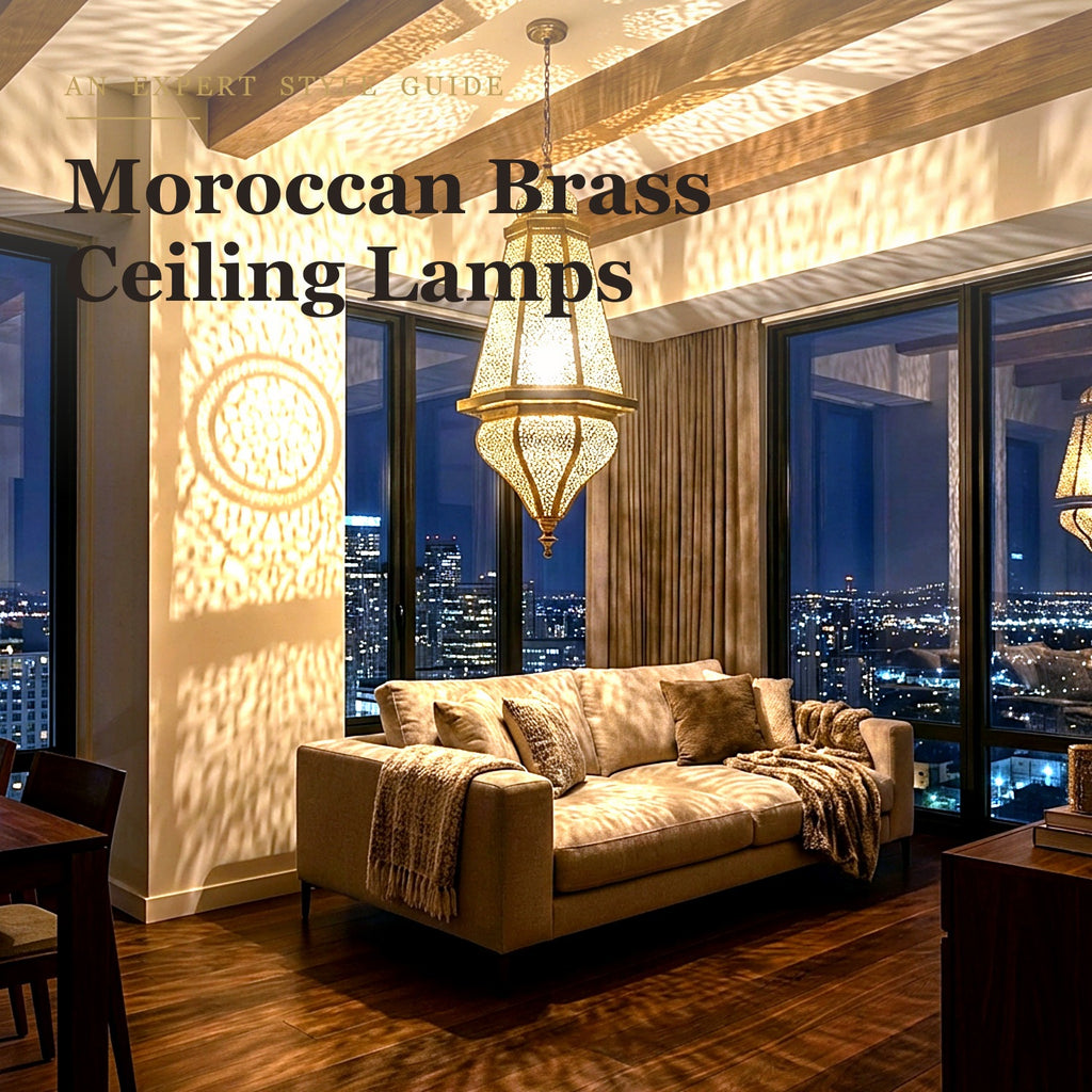 Moroccan brass ceiling lamp glowing in a modern night living room with a city view