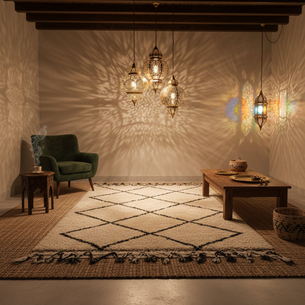 Complete Room Makeover Moroccan Pendant Lights with Handmade Rugs