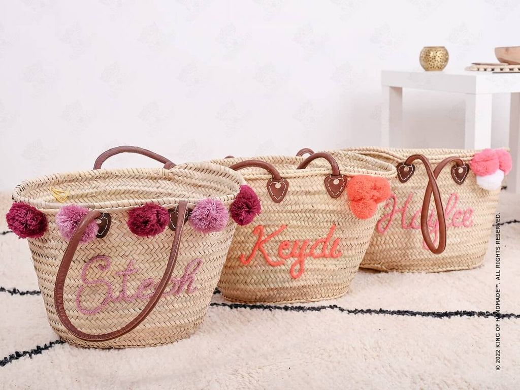 Customized Moroccan straw Baskets, Wedding Gift Monogrammed Tote, Bridal Shower Bags, Custom Beach Bag - Handmade Embroidered Straw Basket For Bride