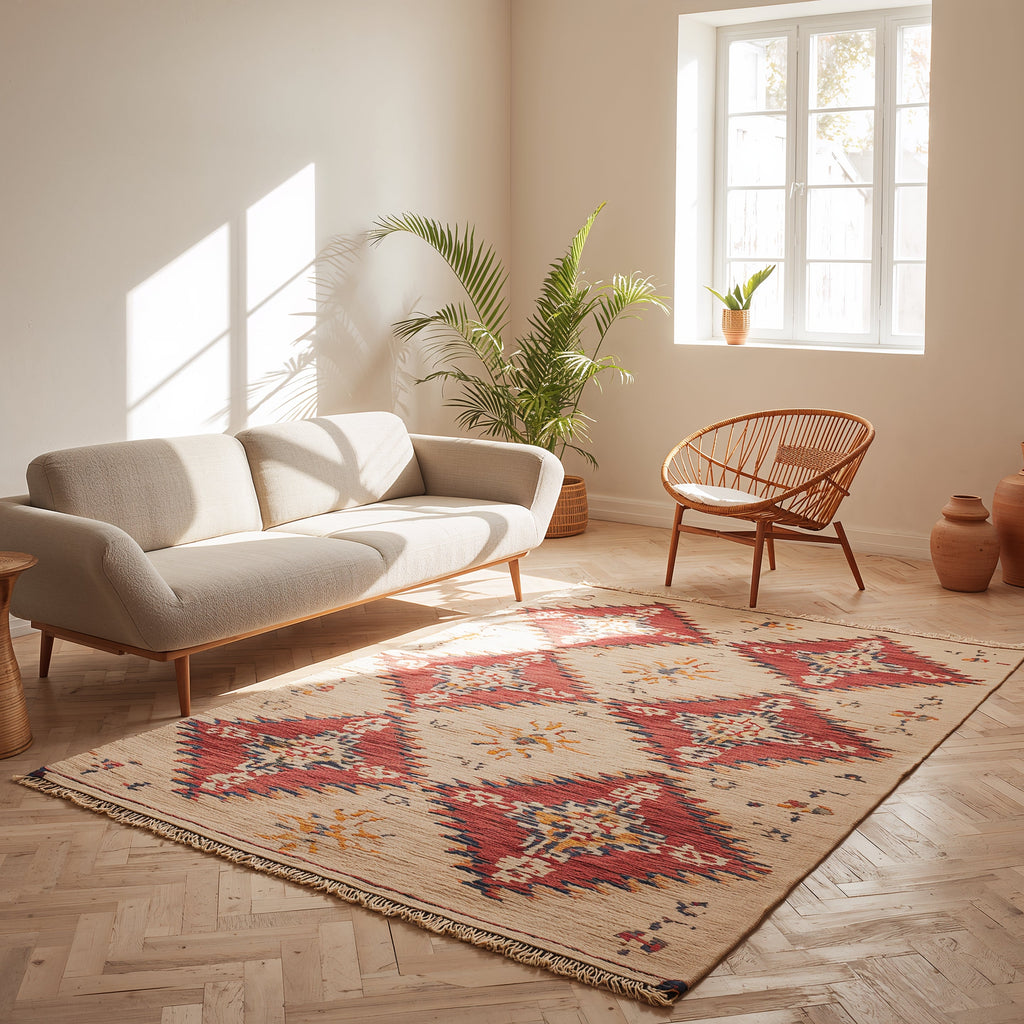 Layering Moroccan Area Rugs Under Minimalist Furniture