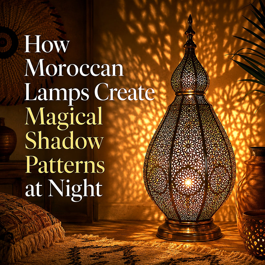 Pierced brass Moroccan lamp casting intricate shadow patterns across a warm wall at night