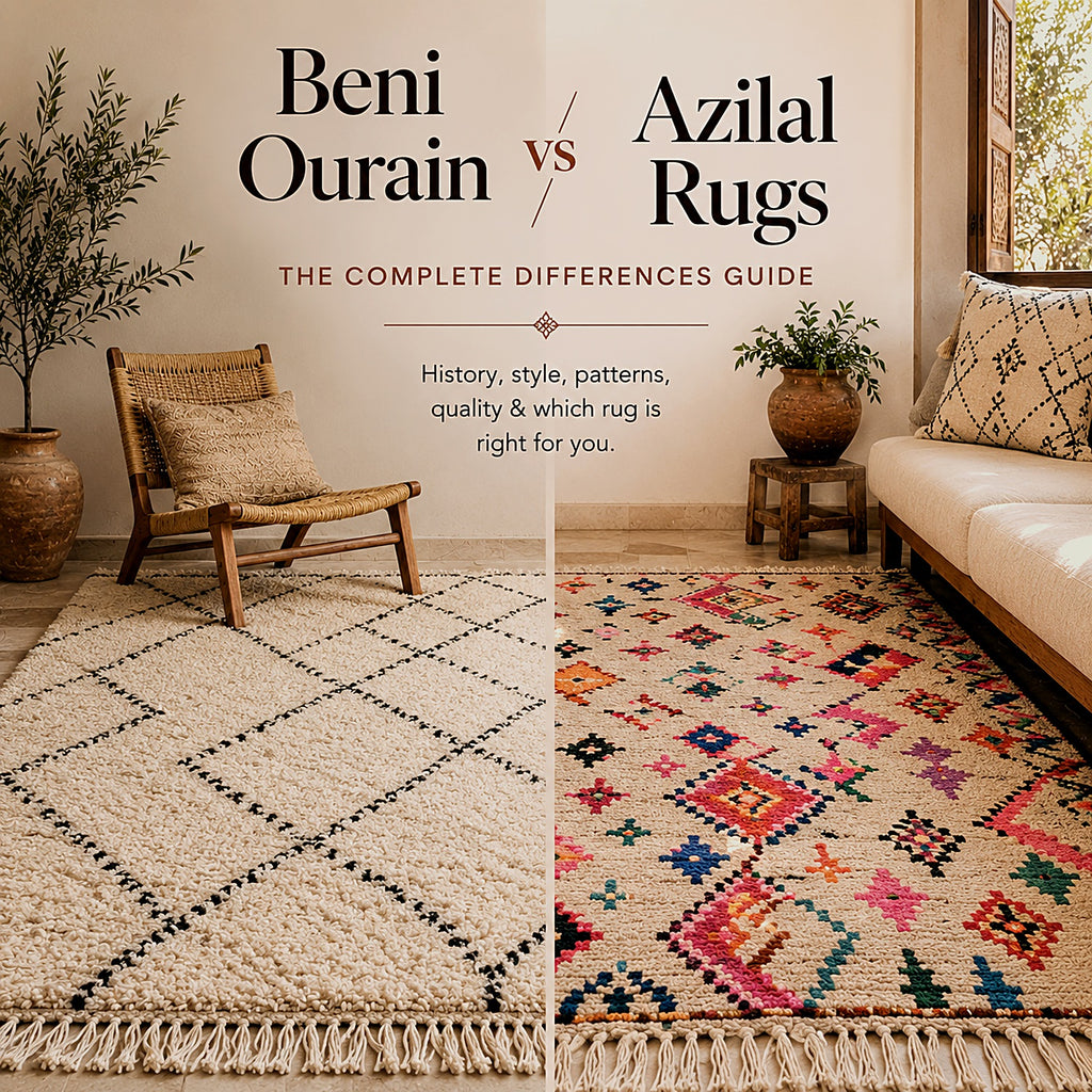 Beni Ourain ivory rug beside a colorful Azilal rug comparing two Moroccan rug styles side by side