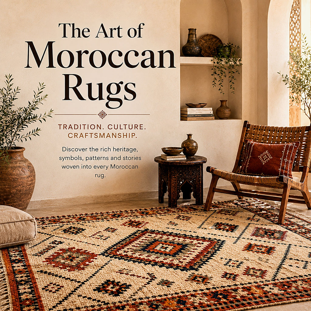 Handwoven Moroccan Berber rug in a styled living room highlighting traditional craftsmanship