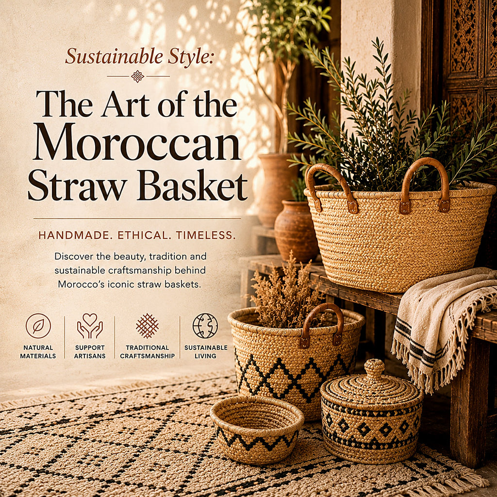 Handwoven Moroccan straw baskets in natural fibre styled with a Berber rug and textiles