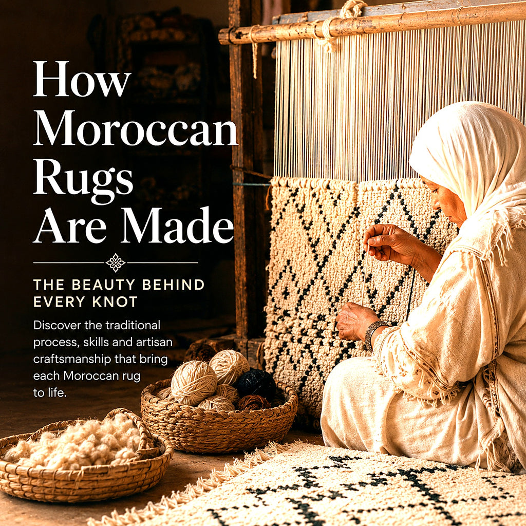 Moroccan artisan hand-knotting a Berber wool rug on a traditional loom in the Atlas Mountains