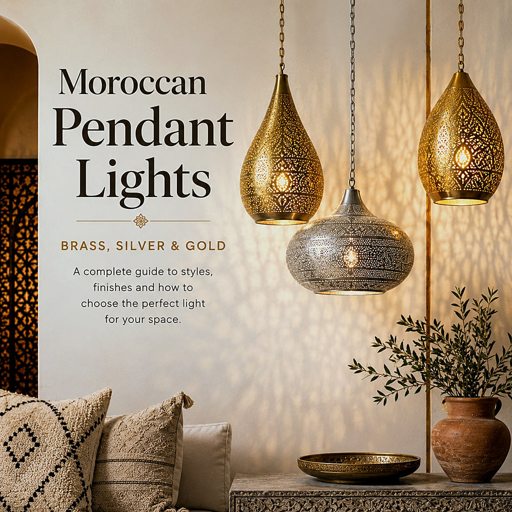 Three Moroccan pendant lights in brass, silver and gold hanging over a warm neutral interior