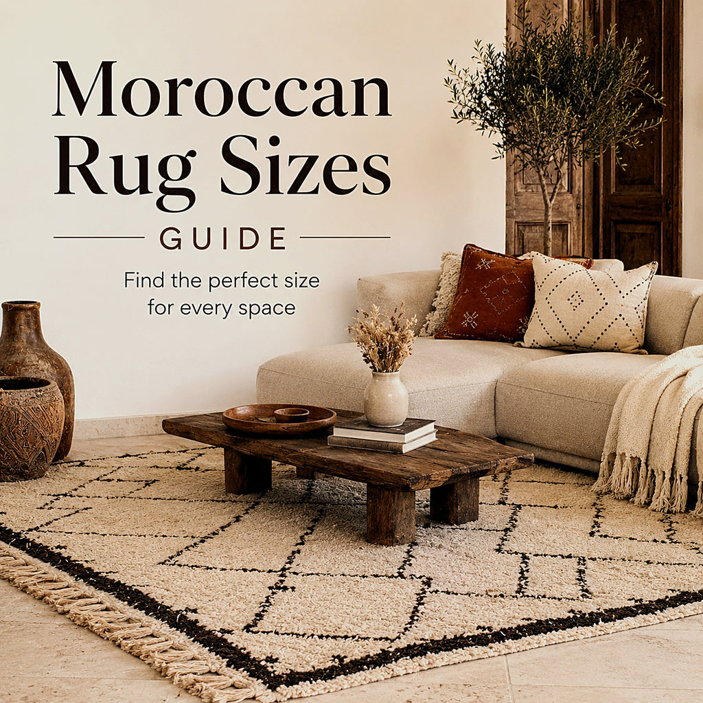 Large Moroccan area rug sizing example under a sofa and coffee table in a bright living room
