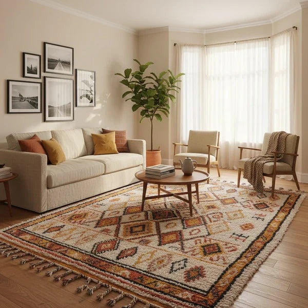 Handmade Moroccan kilim rug with traditional Berber geometric patterns and natural wool tones