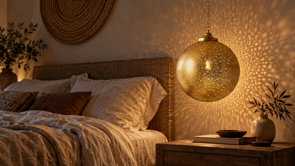 Brass filigree globe pendant illuminating a linen bedroom after dark.