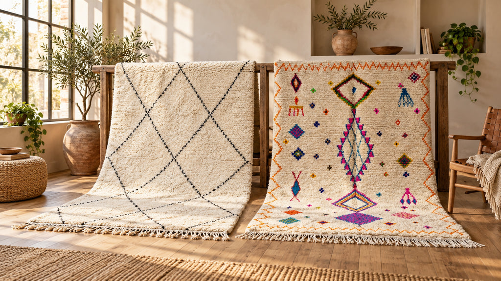 Cream Beni Ourain diamond rug and colorful Azilal rug displayed side by side.