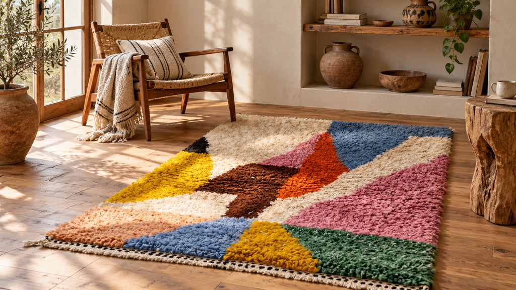 Colorful abstract Moroccan wool rug in a sunlit bohemian reading room.