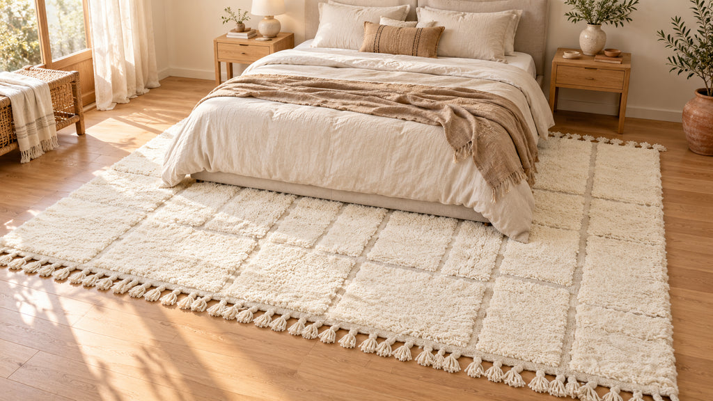Large ivory grid-pattern rug extending around a low linen bed.