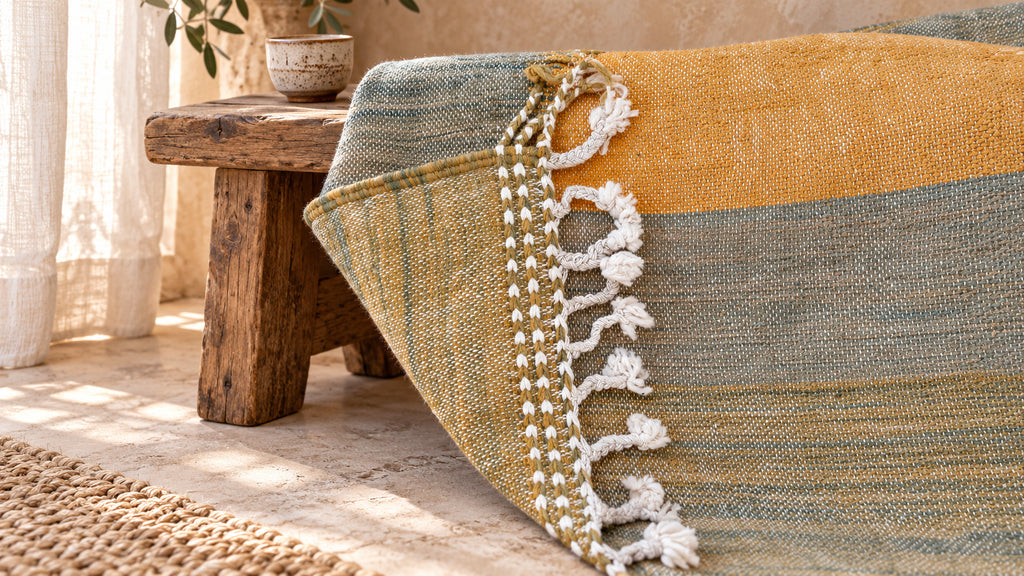 Muted ochre, blue and olive kilim draped over a wooden bench, showing its weave and fringe.