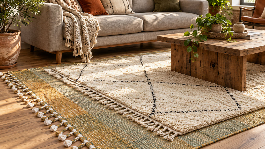 Cream black-diamond rug layered over a larger muted flatweave rug in a living room.