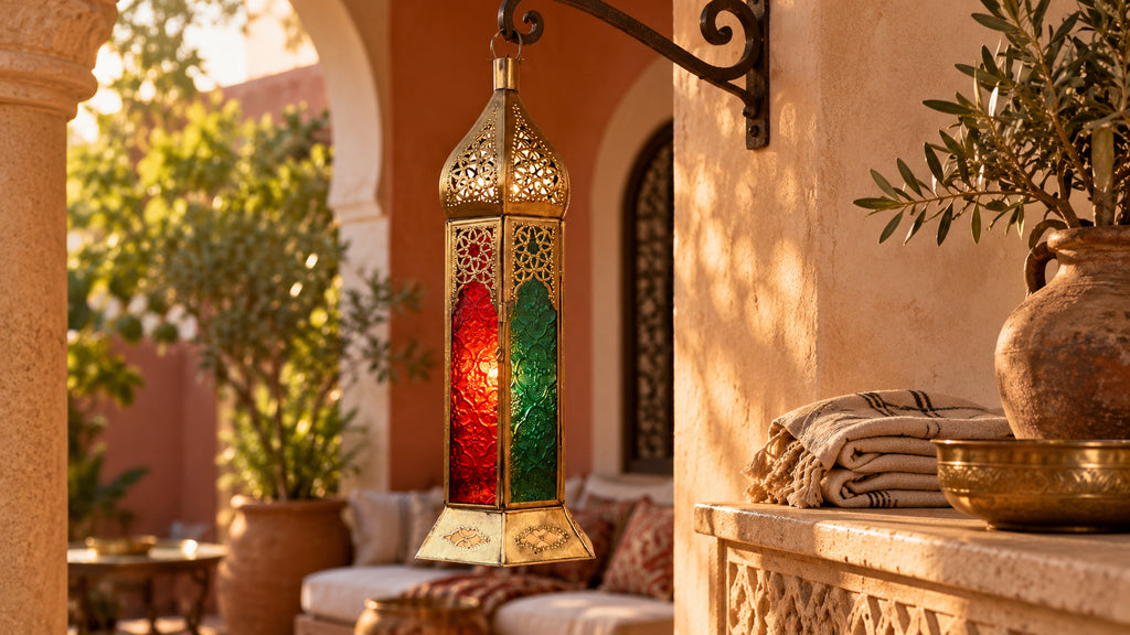 Ornate brass hanging lantern with red and green glass in a warm riad veranda.