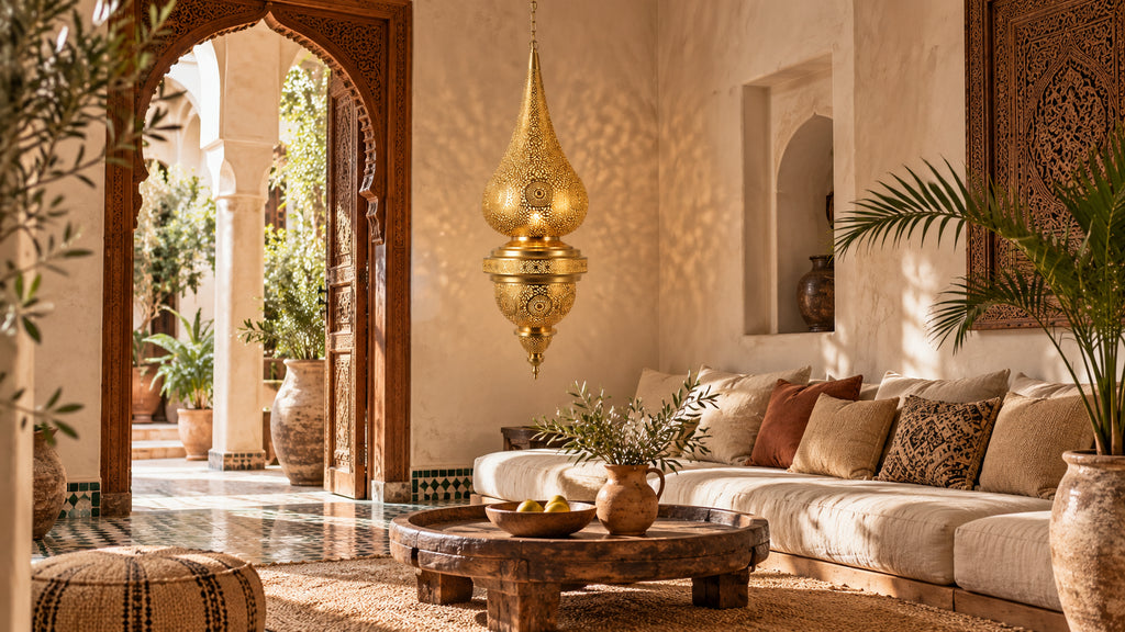 Ornate brass Moroccan pendant in a sunlit riad sitting room with carved cedar arches.