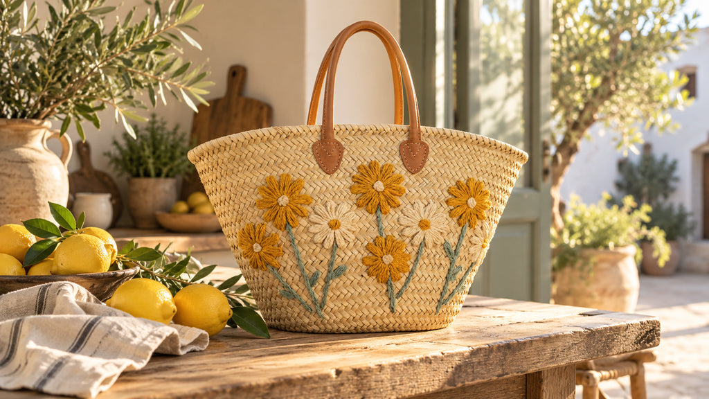 Yellow and cream daisy embroidered straw tote on a rustic kitchen bench beside fresh lemons.