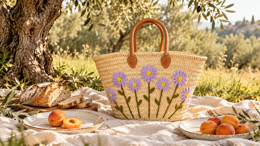 Lavender daisy embroidered straw basket on a linen picnic blanket in an olive orchard.
