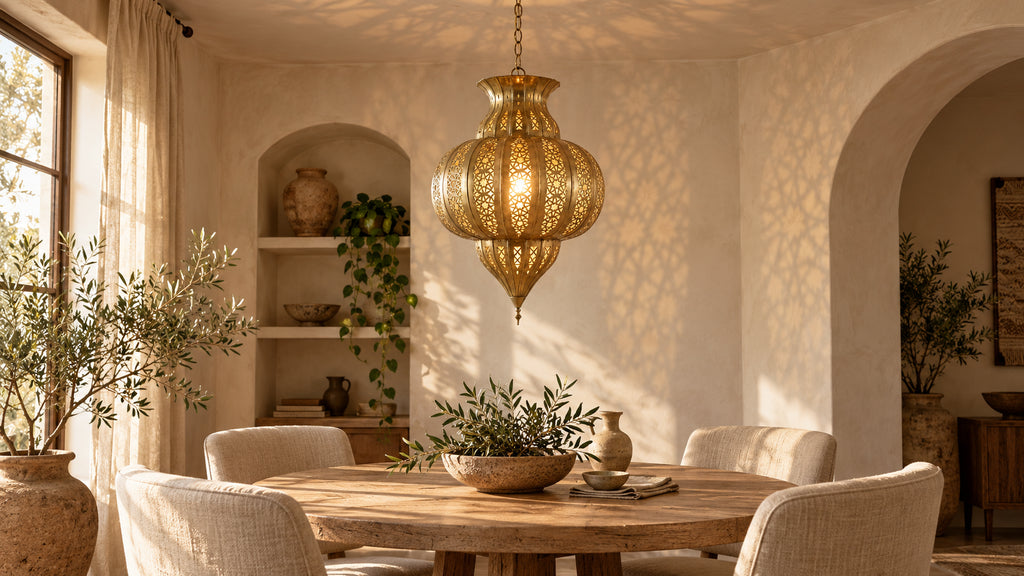 Ribbed Moroccan brass lantern above a round wooden dining table in a warm bohemian interior.