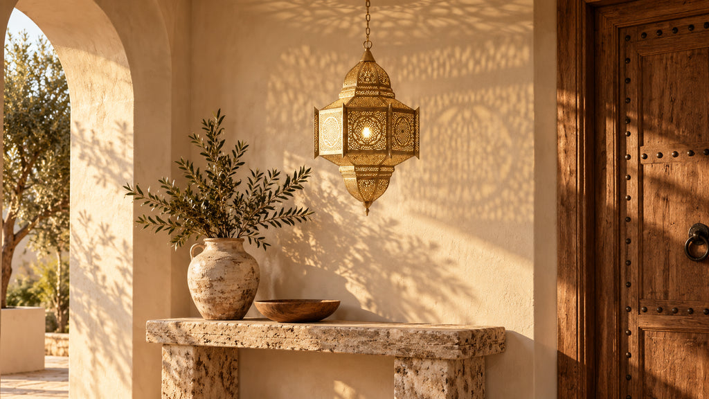 Geometric brass pendant above a stone console beside a wooden entrance door.