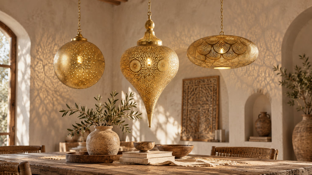 Teardrop, globe and oval Moroccan brass pendant lamps in a warm lighting studio.