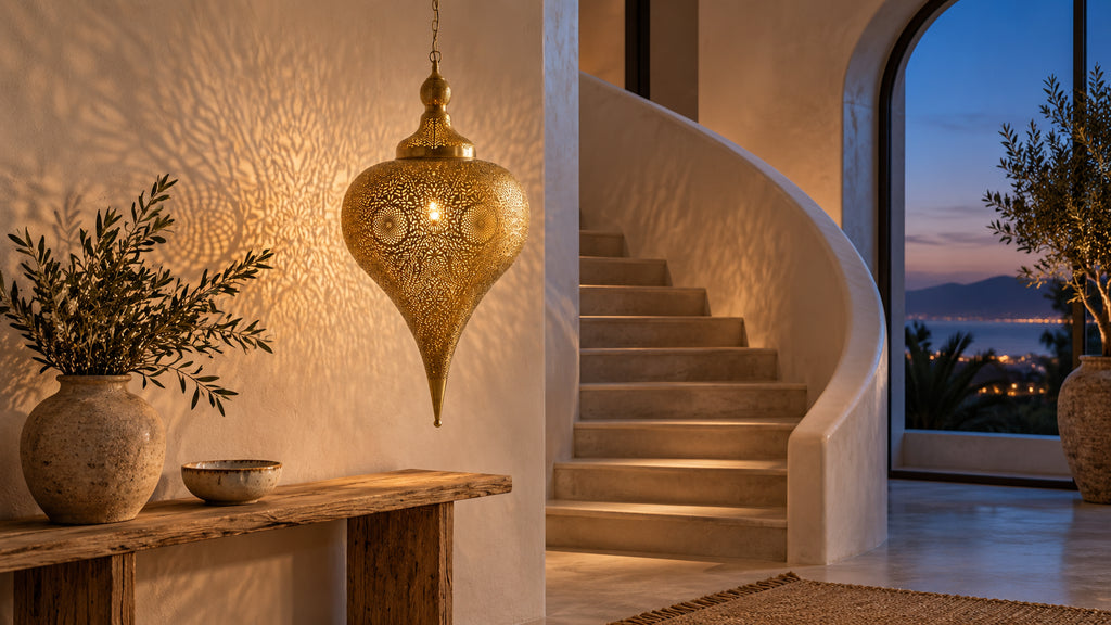 Perforated brass teardrop pendant beside a curved staircase at dusk.