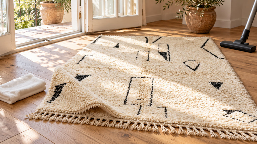 Ivory Moroccan wool rug with black tribal motifs beside a clean cloth and vacuum nozzle.