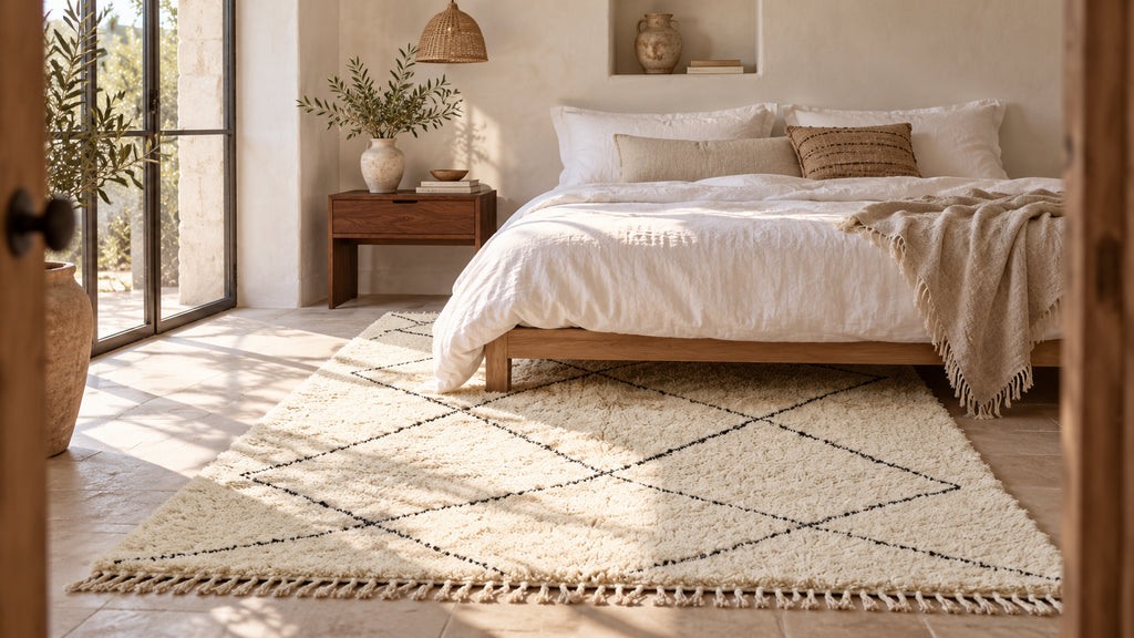 Ivory diamond Moroccan wool rug beneath an oak bed in a sunlit bohemian bedroom.