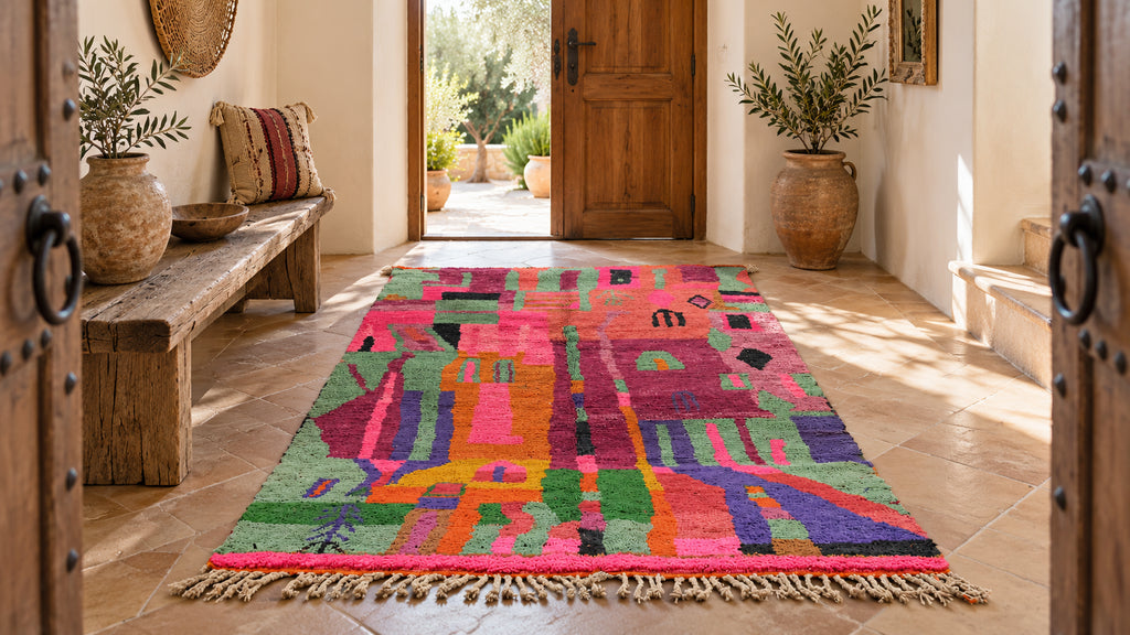 Colorful abstract Moroccan rug in a bright entryway with an oak bench.