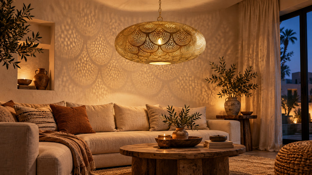 Perforated brass pendant casting warm patterned light across a Moroccan-inspired living room.