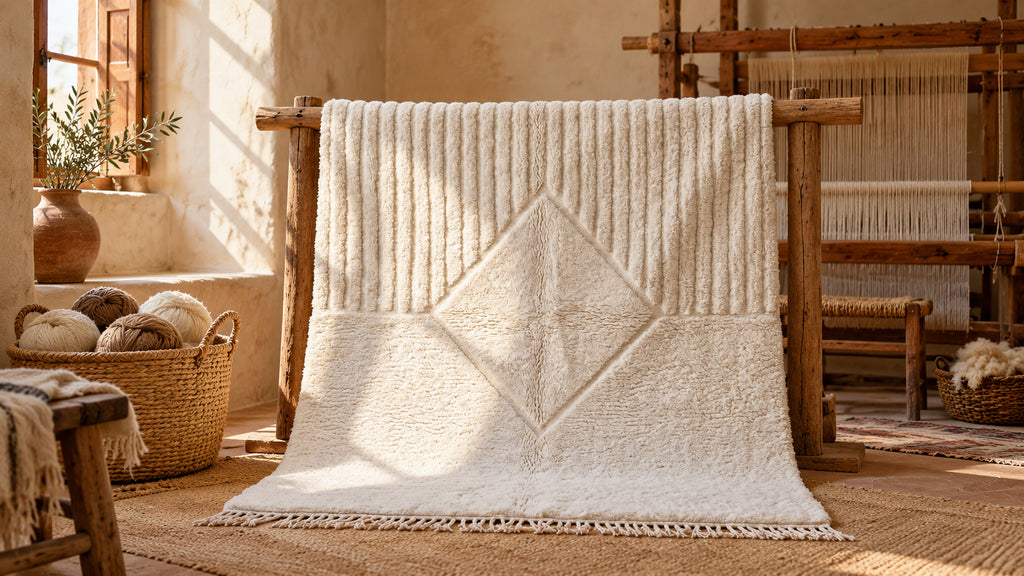 Ivory diamond-pattern wool rug displayed in a textile workshop with a wooden loom.
