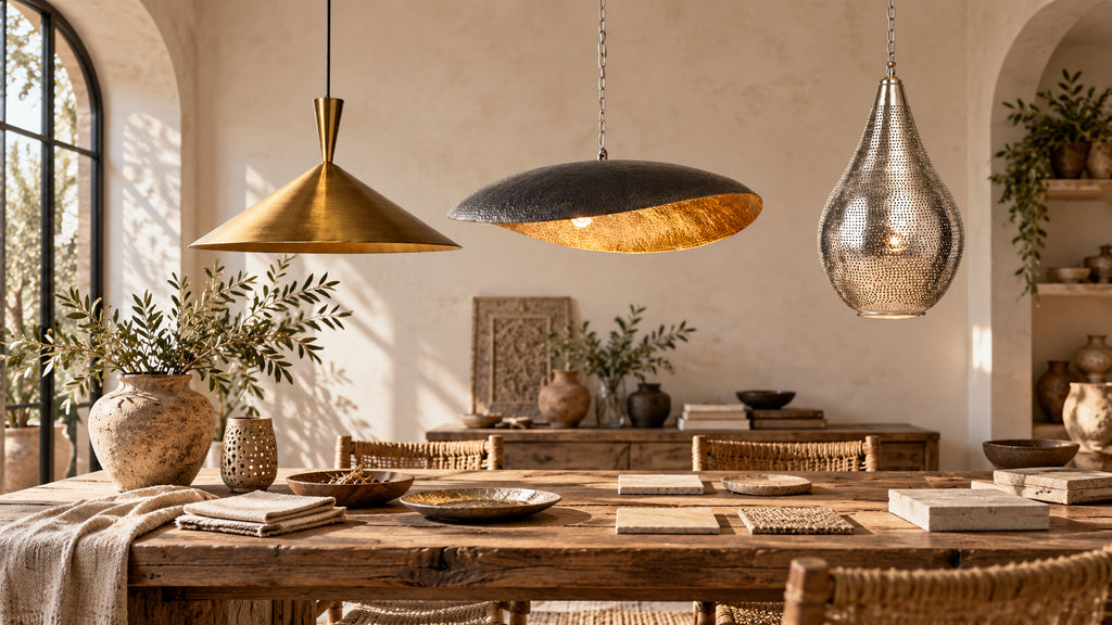Brass, gold-interior and silver Moroccan pendant lights above a wooden studio table.