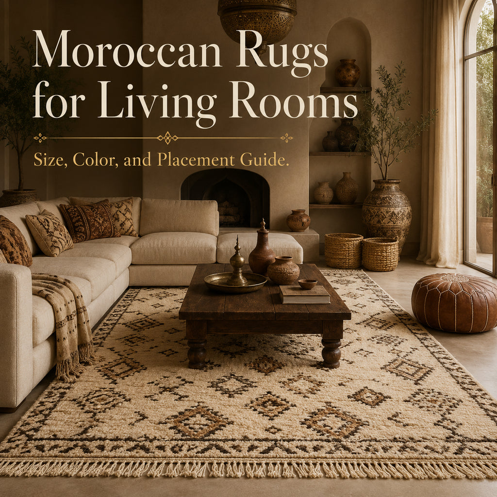 Moroccan area rug styled in a warm living room with neutral furniture
