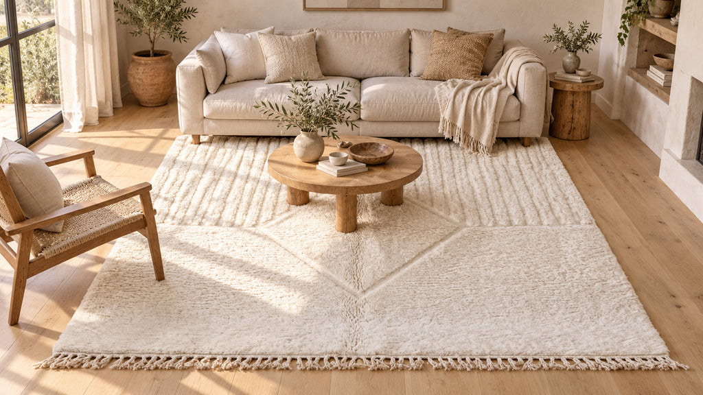 Ivory Moroccan wool rug connecting a linen sofa and chair in a sunlit living room
