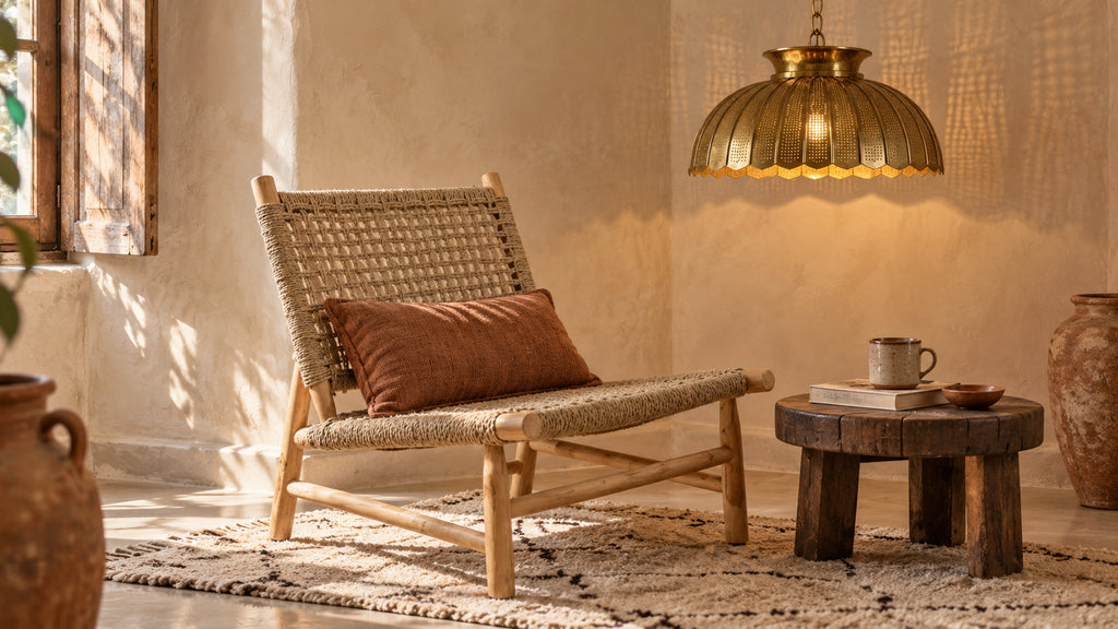 Handwoven wooden lounge chair and scalloped brass pendant in a warm Moroccan reading corner.