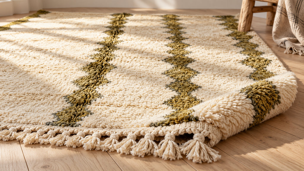 Close-up of an ivory and olive Moroccan wool rug showing pile, edges and fringe