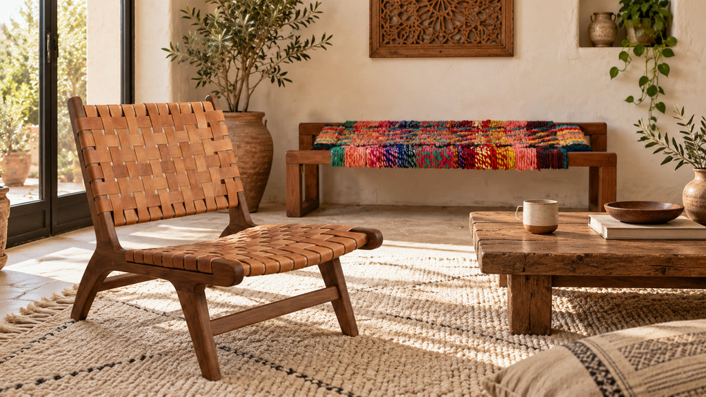 Woven leather chair and colorful handwoven bench in a warm Moroccan living room