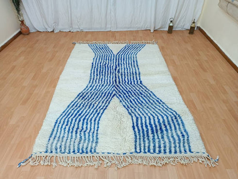 Artistic Moroccan Berber Rug - White & Blue Wool Carpet