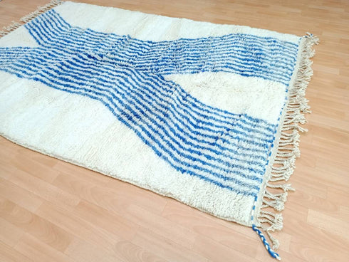 Artistic Moroccan Berber Rug - White & Blue Wool Carpet