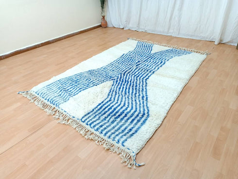 Artistic Moroccan Berber Rug - White & Blue Wool Carpet