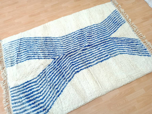 Artistic Moroccan Berber Rug - White & Blue Wool Carpet